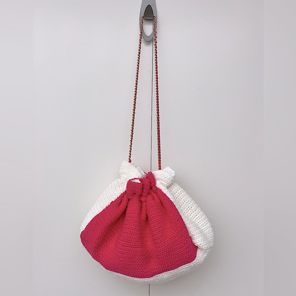 Pink & White Soft Crochet Colorblock Shoulder Bag with Gold Chain - Picture 2 of 10